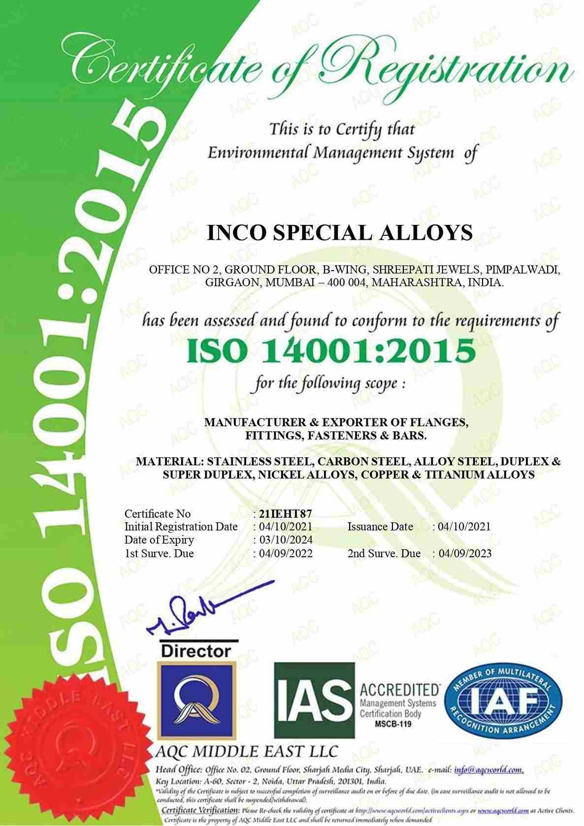 ISO 14001:2015 Certificate 